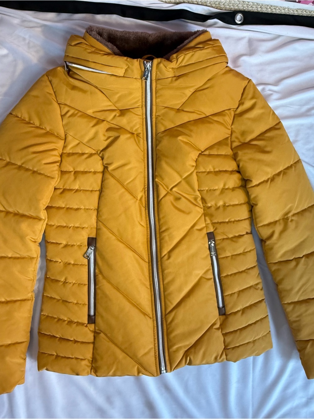 Guess Women's Mustard Yellow Quilted Hooded Puffer Jacket